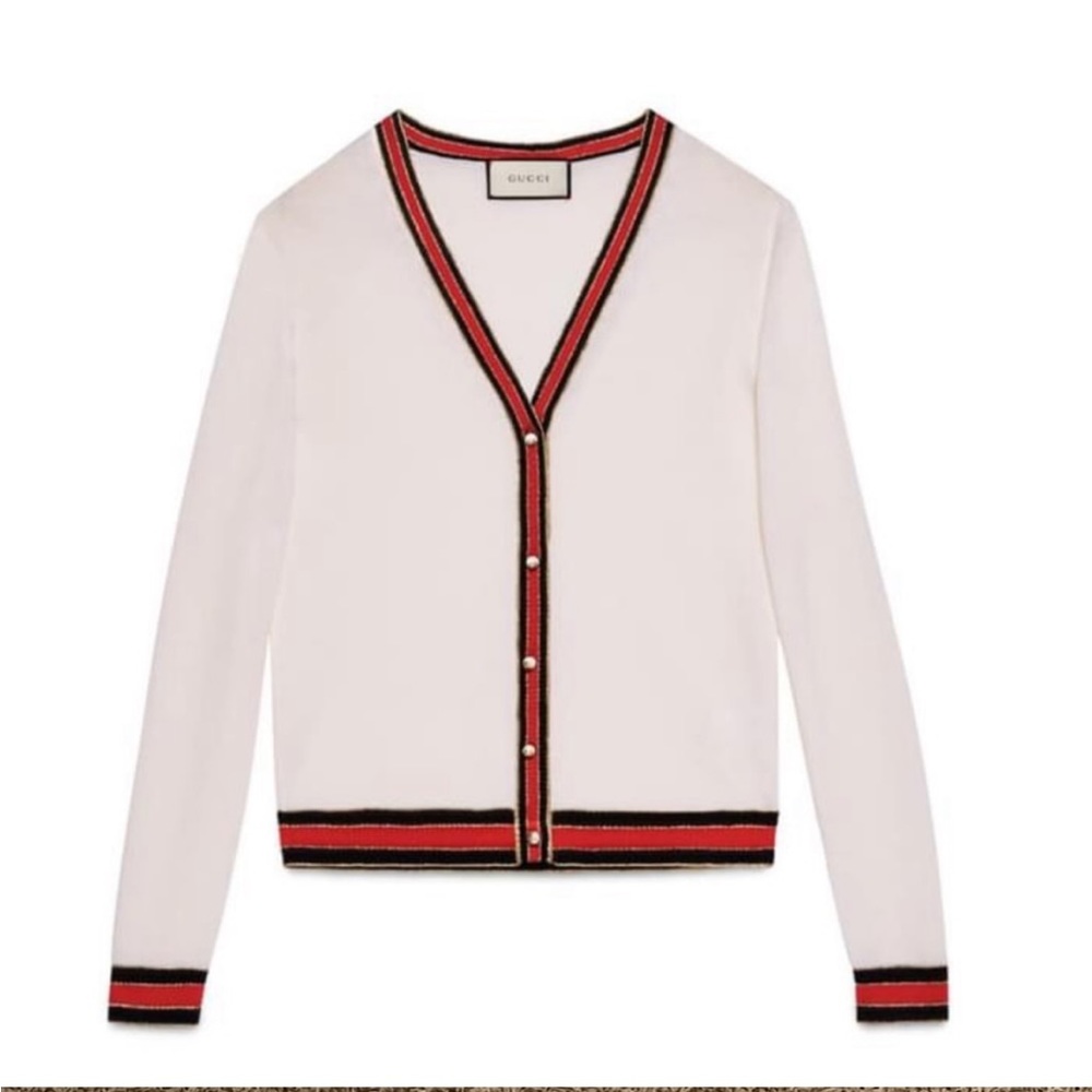 Gucci White Cardigan with Red and Black Trim